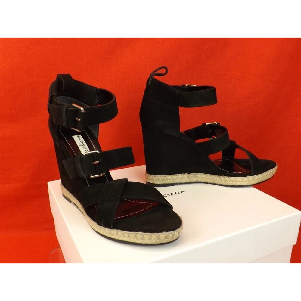 NIB BALENCIAGA BLACK SUEDE BUCKLE ANKLE STRAP ESPADRILLE WEDGE SANDALS 41 $620 - Picture 3 of 10
